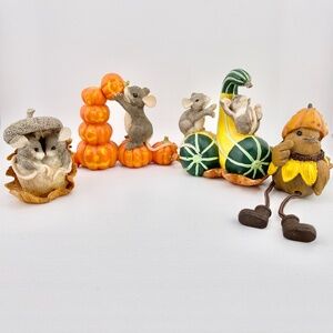 🍂 Fall Harvest Figurine Collection–Lot of 4–Mice, Pumpkins, Gourds & Fall Bird